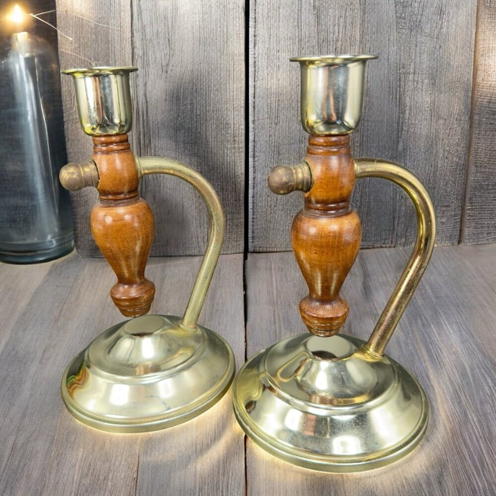 Primitive Style Wood And Metal Swivel Candle Stick Holder Set Vintage‎ Decor VTG